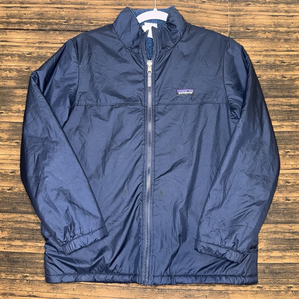 Patagonia Jacket Youth Sz XL 14 Blue Reversible Soft Fleece Lined Windbreaker